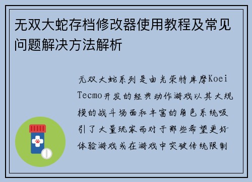 无双大蛇存档修改器使用教程及常见问题解决方法解析