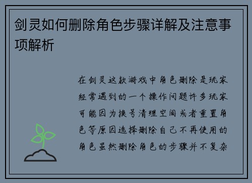 剑灵如何删除角色步骤详解及注意事项解析