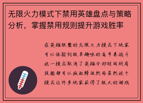 无限火力模式下禁用英雄盘点与策略分析,掌握禁用规则提升游戏胜率 无限火力模式下禁用英雄盘点与策略分析,掌握禁用规则提升游戏胜率